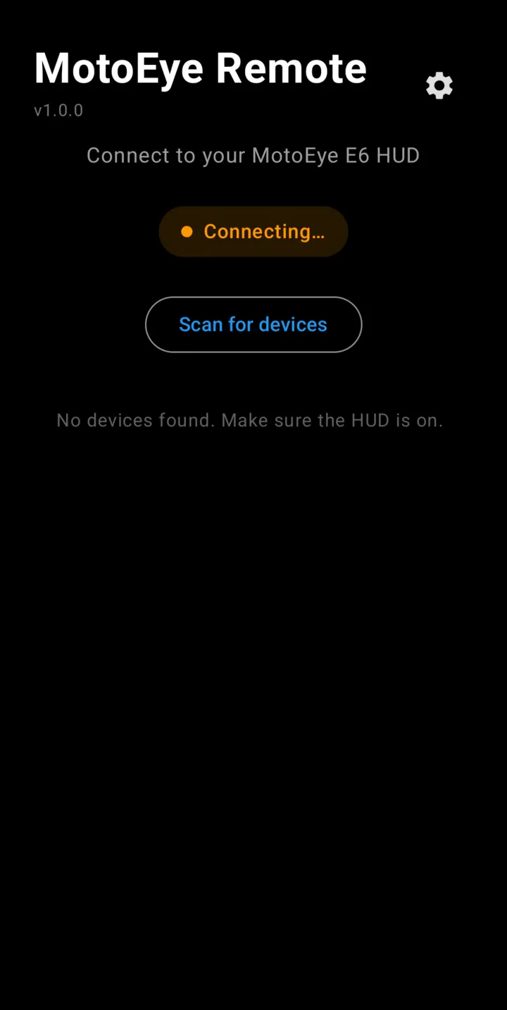 Connect screen showing MotoEye Remote v1.0.0, a Connecting status and a Scan for devices button.