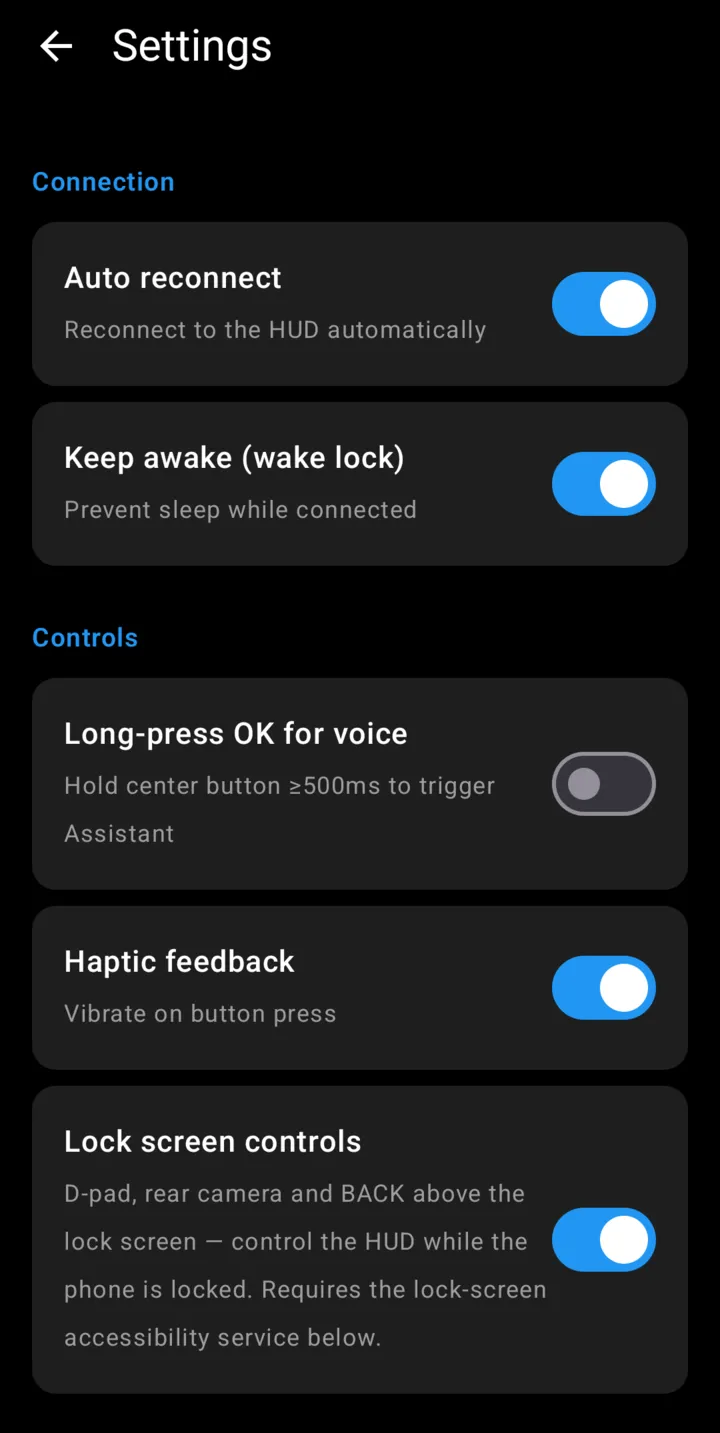 Settings: auto reconnect, keep awake, long-press OK for voice, haptic feedback and lock screen controls toggles.