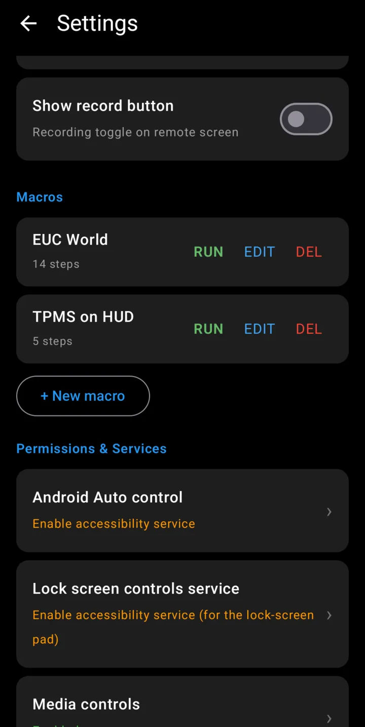 Settings screen listing saved macros such as EUC World and TPMS on HUD, each with Run, Edit and Delete buttons.