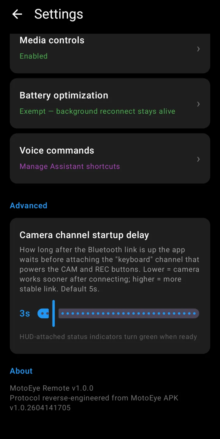 Settings for media controls, battery optimisation exemption, voice commands and the camera channel startup delay slider.